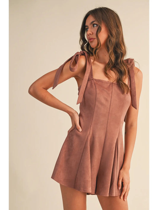 Suede Tied Shoulder Romper - Dark Rose