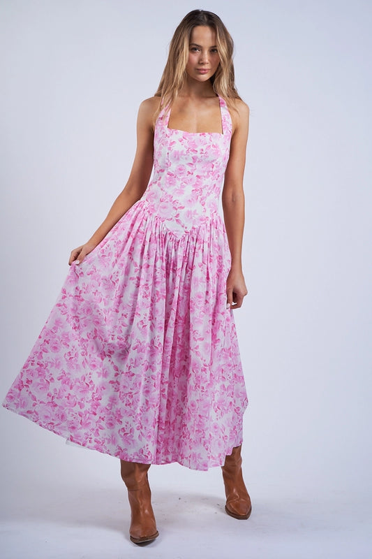Pink Floral Halter Midi Dress