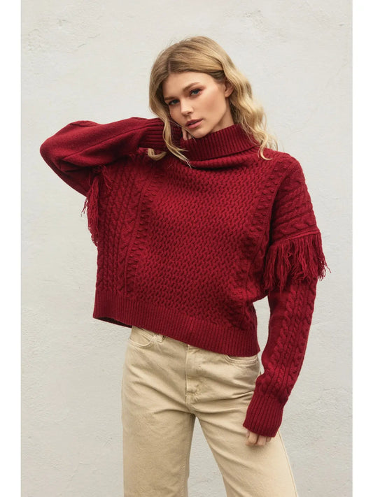Turtleneck Fringe Accent Cable Knit Sweater
