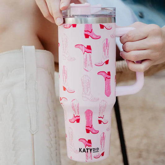 Light Pink Western Boots Tumbler w/ Handle