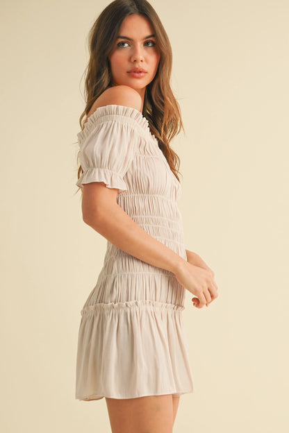 Puff Sleeve Off Shoulder Smocking Dress - Navy