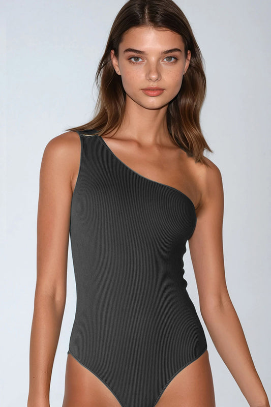 Ribbed One Shoulder Bodysuit, Black