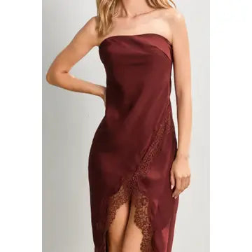 Satin Strapless Lace Hem Midi Dress