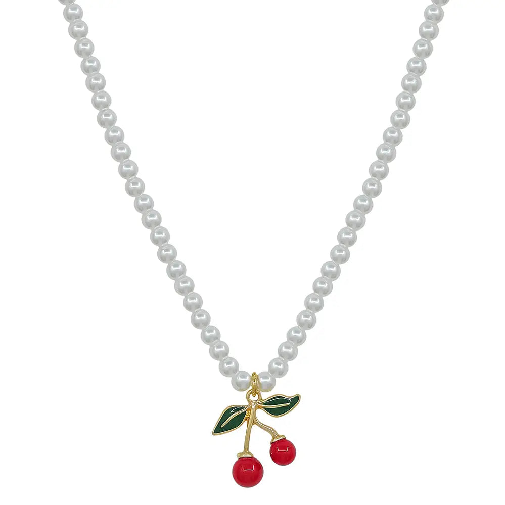 Pearl Beaded Necklace with Cherries 16-18" & Earrings Set