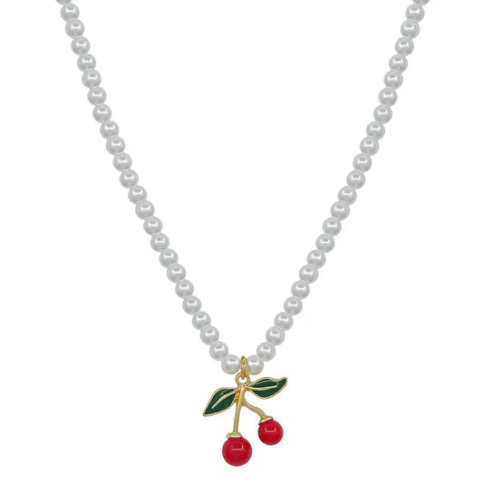 Pearl Beaded Necklace with Cherries 16-18" & Earrings Set