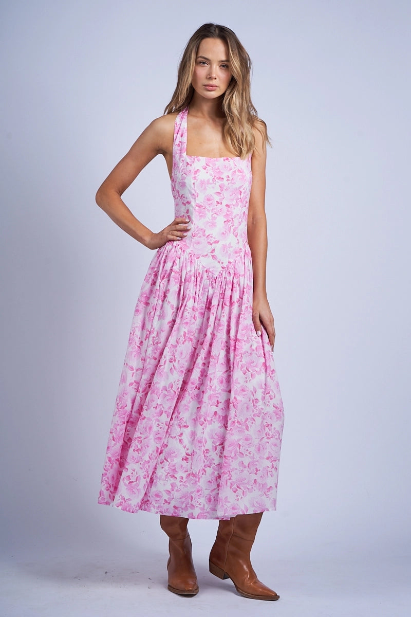 Pink Floral Halter Midi Dress