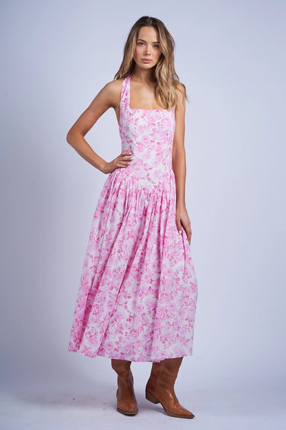 Pink Floral Halter Midi Dress