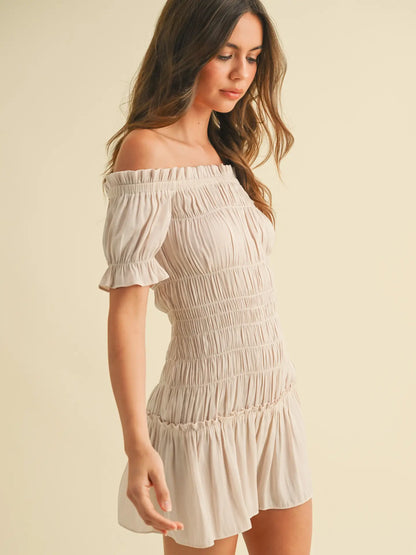 Puff Sleeve Off Shoulder Smocking Dress - Navy