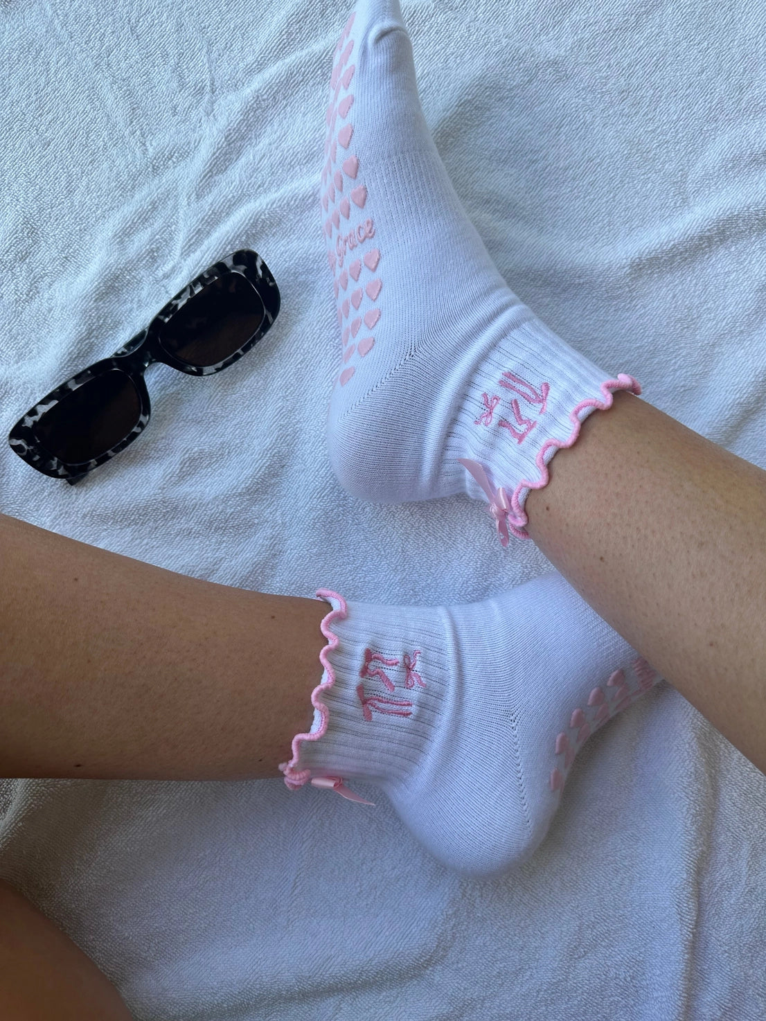 Pink Bow Coquette W/ Heart Grips, Pilates Socks