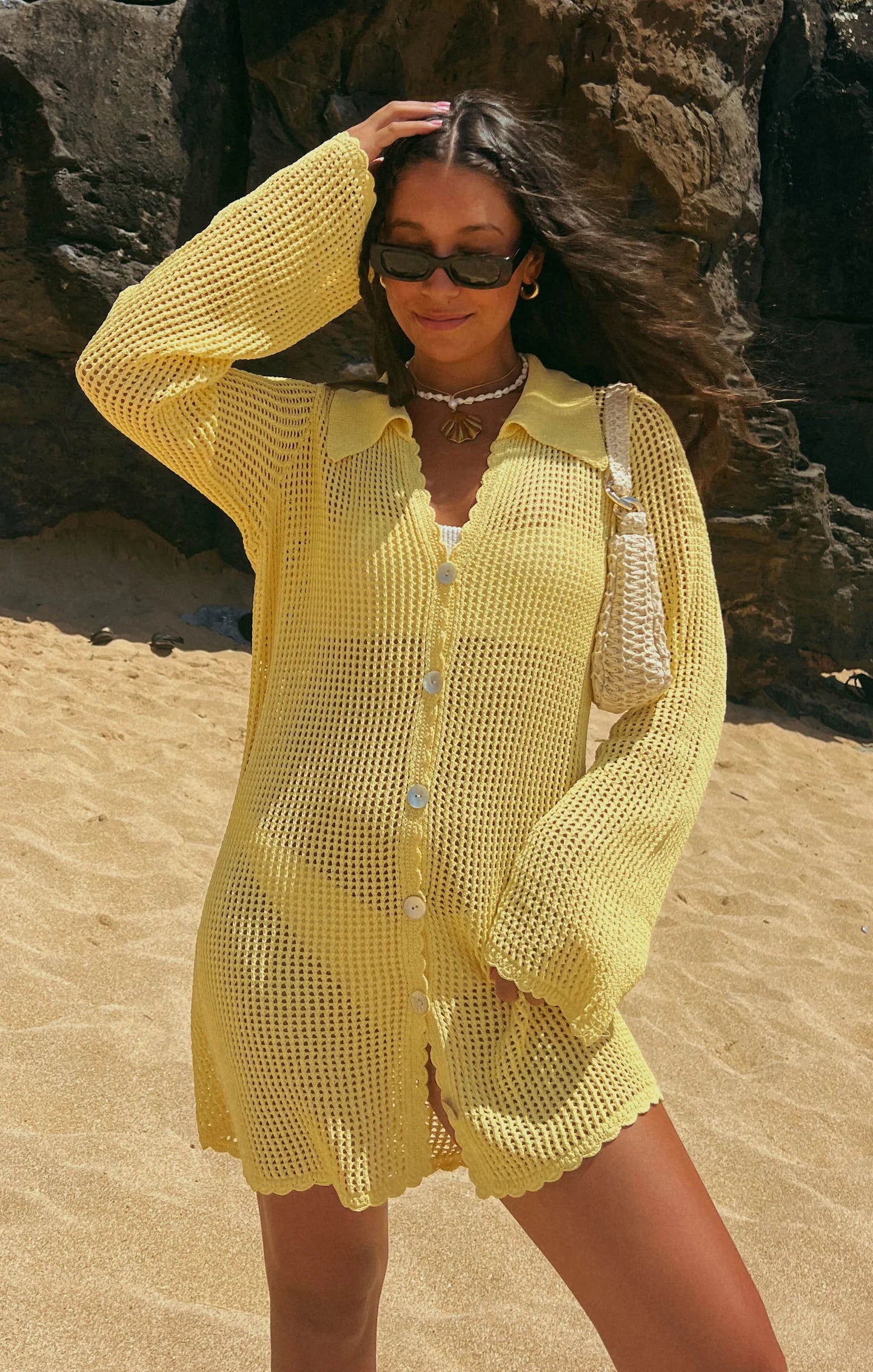 Button Up Coverup - Pale Yellow Crochet