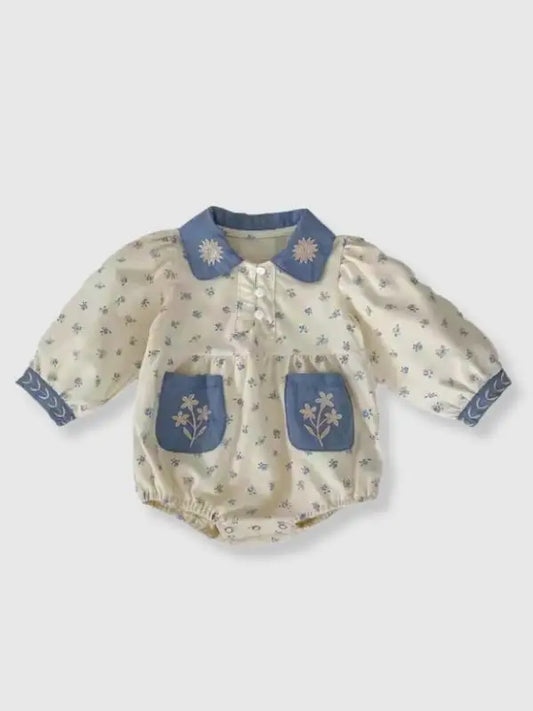 Cotton Dainty Floral Onesie w/ Denim Collar