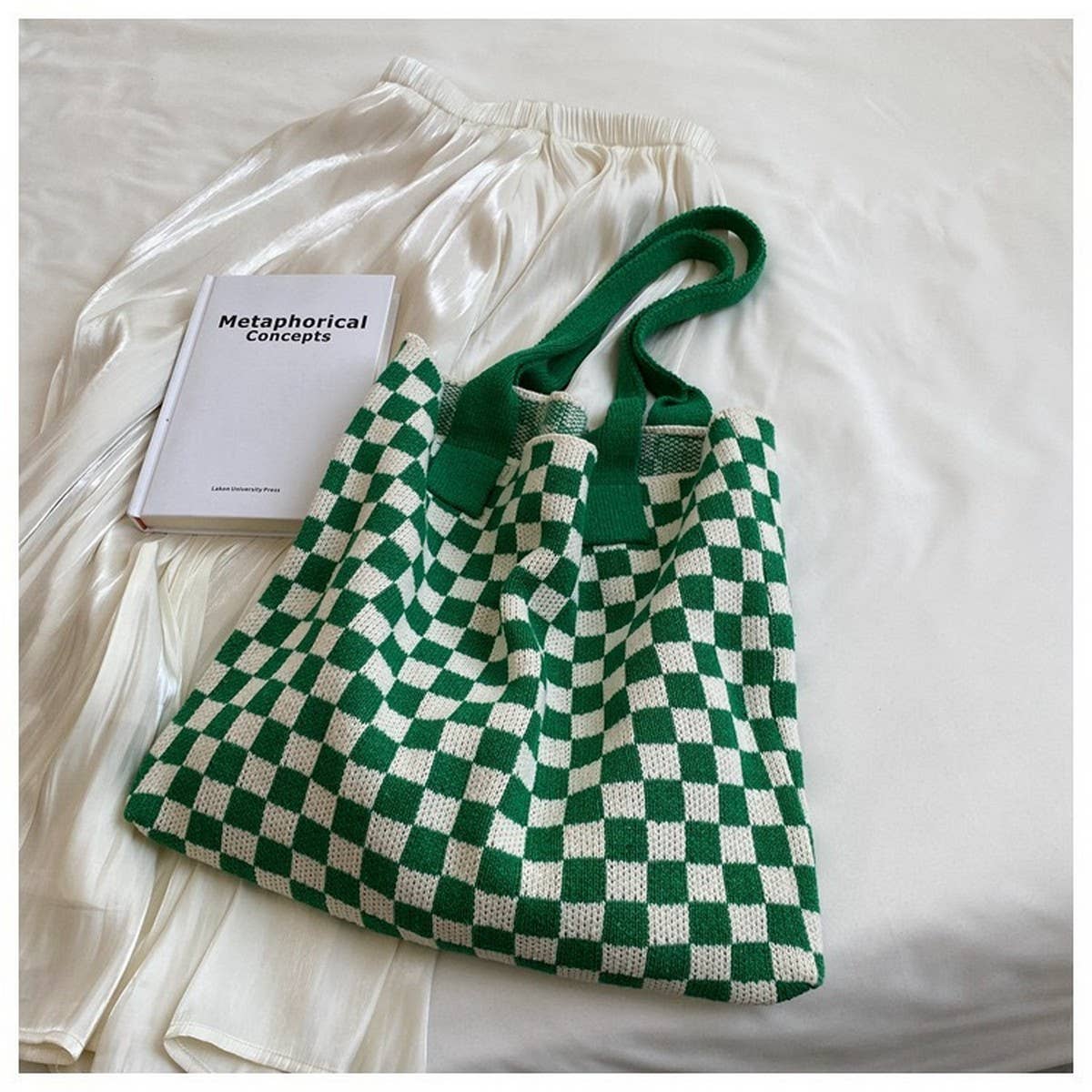 Plaid Knitted Tote Bag