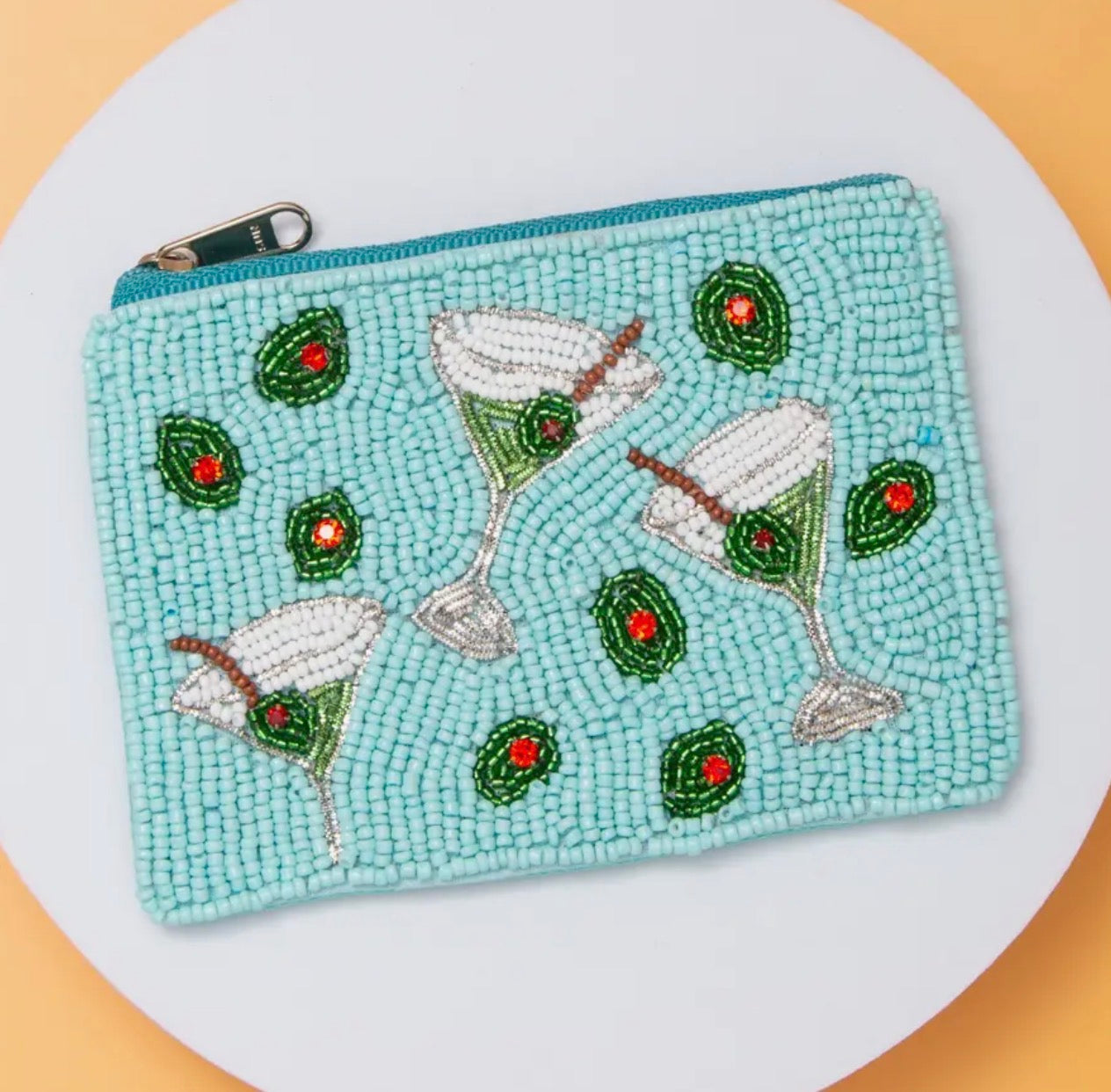 Olive Martini Seed Beaded Zip Coin Bag