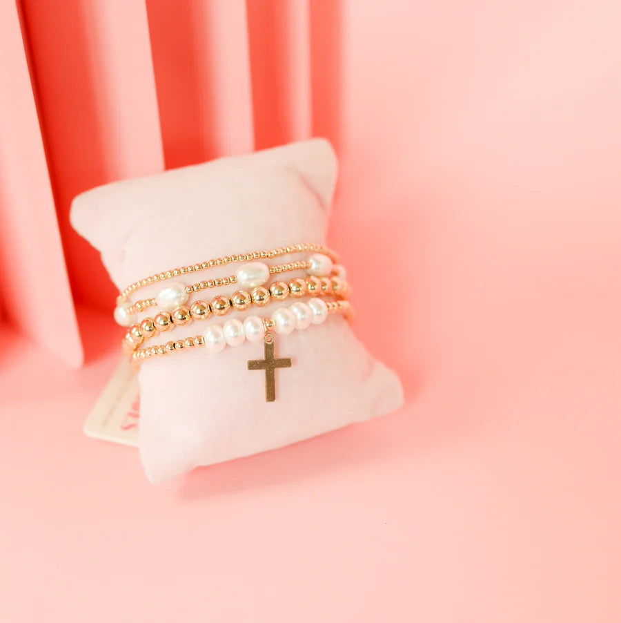 Cross + Pearl Gold Charm Bracelet