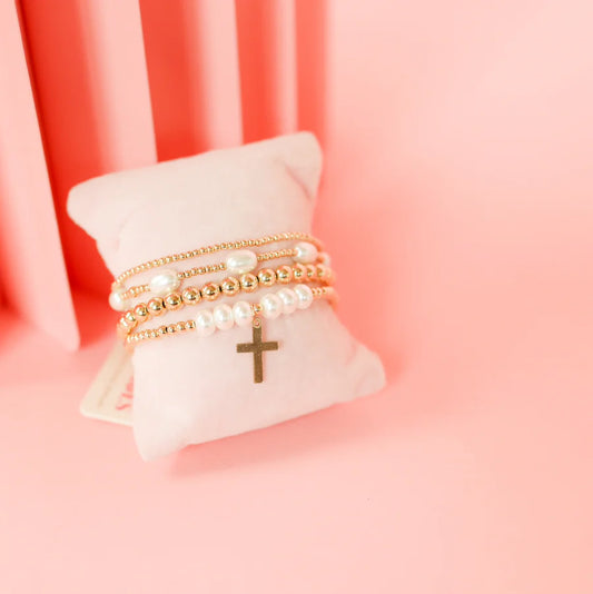 Cross + Pearl Gold Charm Bracelet