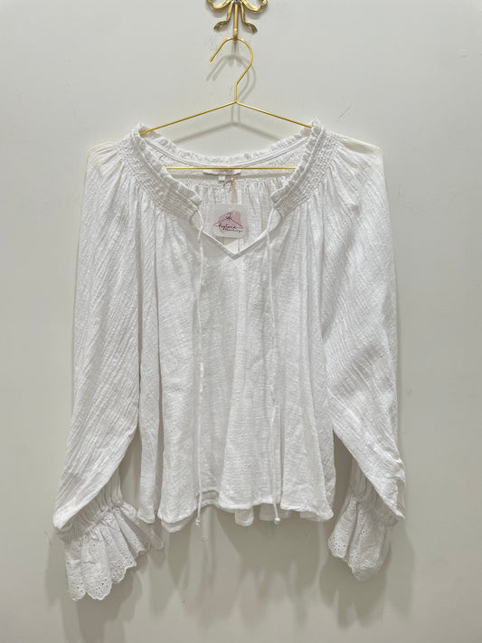 Crochet Bell Sleeve Smocked Blouse , WHITE