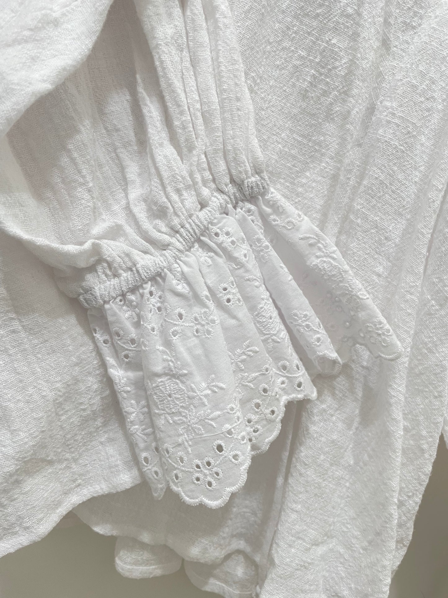 Crochet Bell Sleeve Smocked Blouse , WHITE