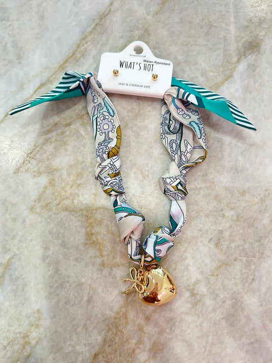Beige/Turquoise Knotted Scarf Necklace w Heart & Bow Charm