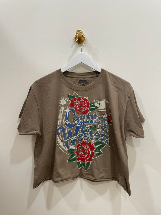 Country & Western Horseshoe Crop Tee, Brown
