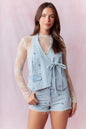 Ditsy Floral Embroidered Halter Denim Top