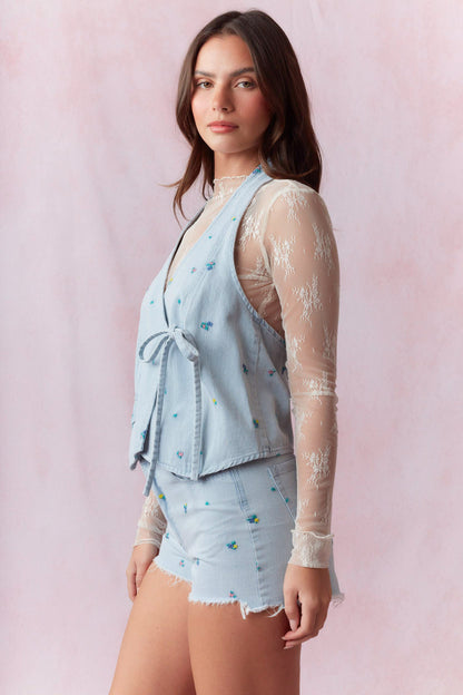 Ditsy Floral Embroidered Halter Denim Top