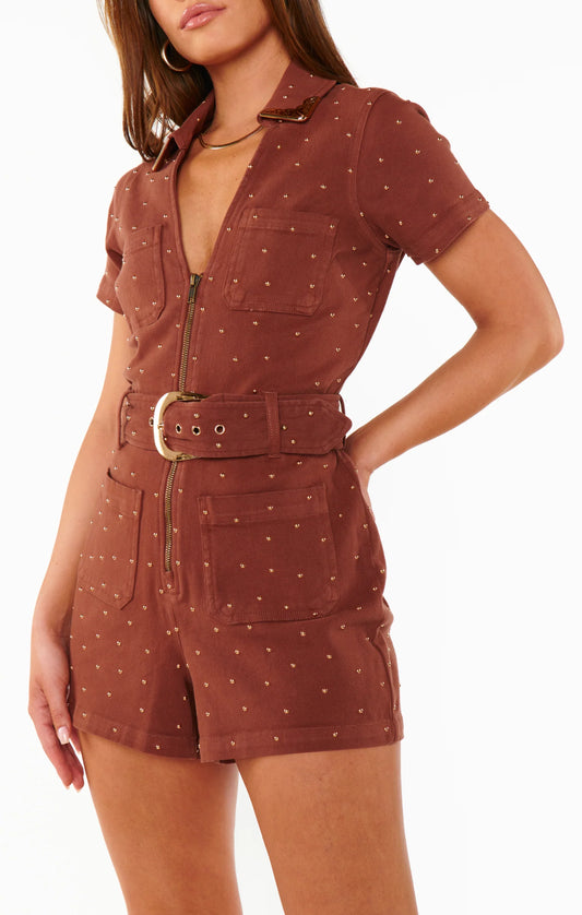 Tempe Romper Studded - Brown Denim