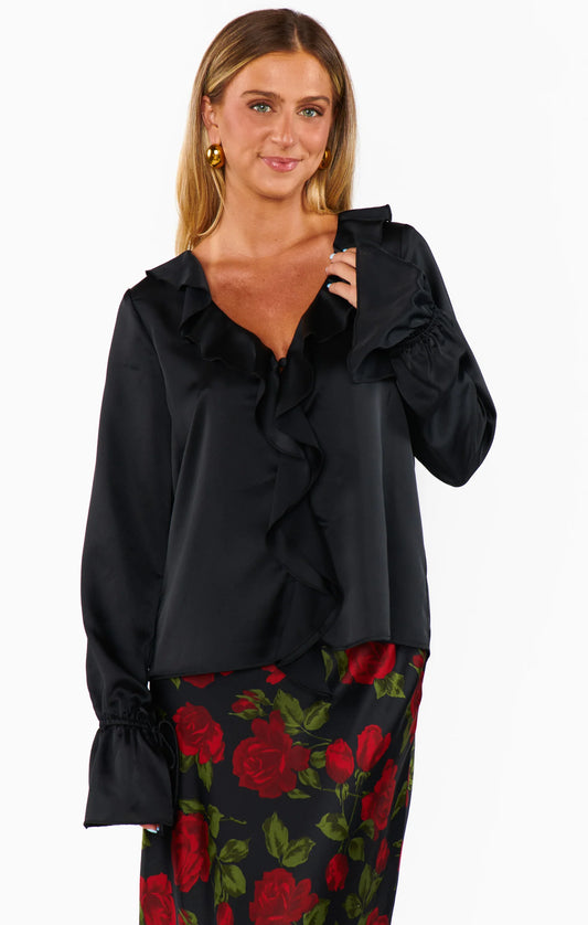 Adela Ruffle Top Black Luxe Satin