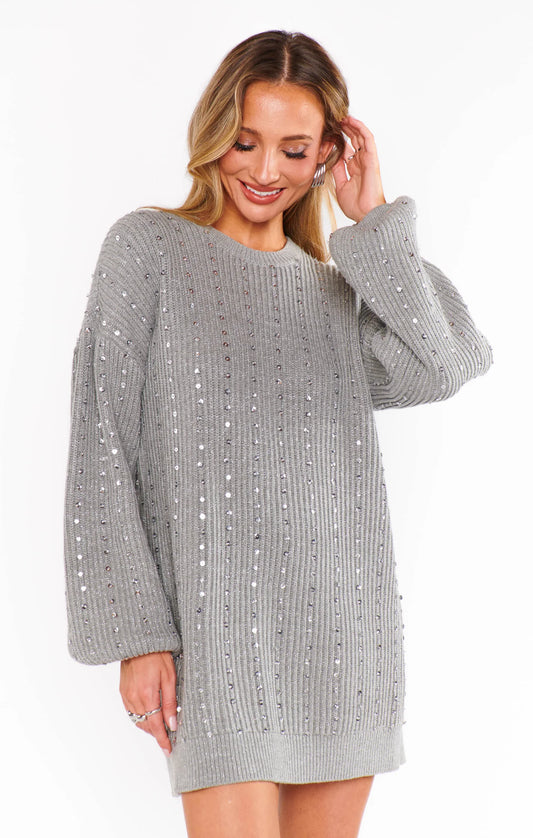 Social Sweater Dress Silver Sequins Knit