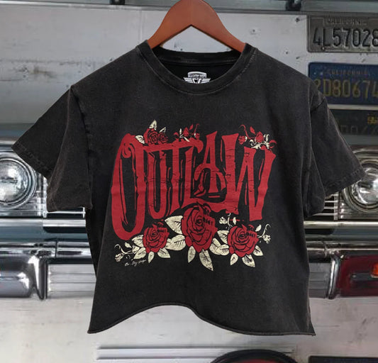Outlaw Roses Crop Tee, Acid Black