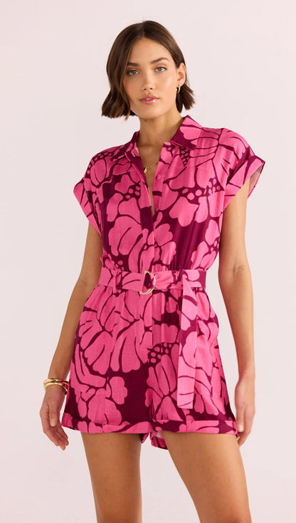 Persephone Belted Romper - Berry Floral