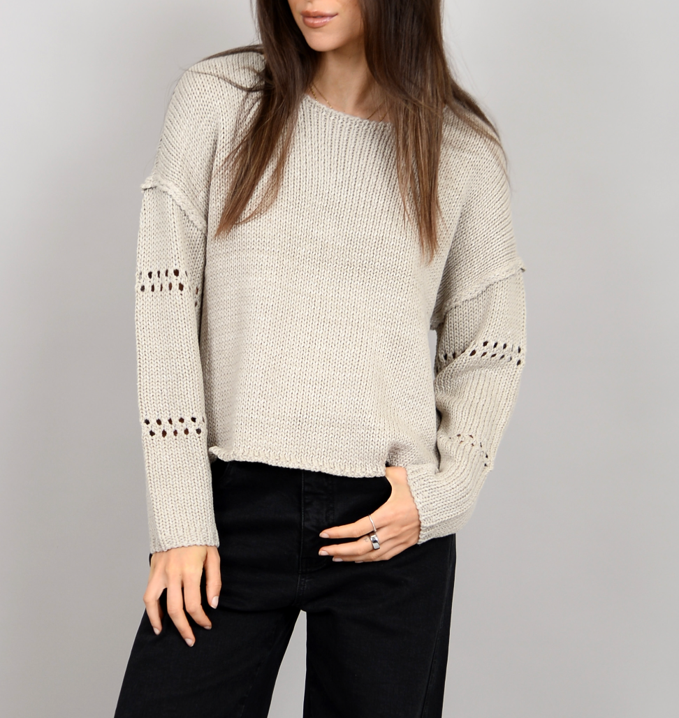 Arlo Long Sleeve Boat Neck Pullover- Sand Stone