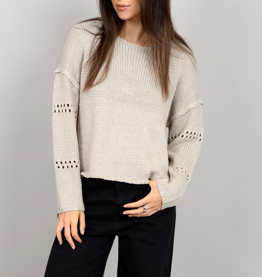 Arlo Long Sleeve Boat Neck Pullover- Sand Stone