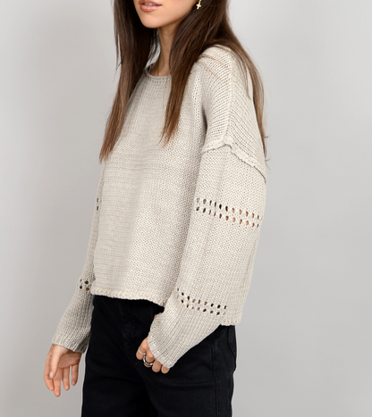 Arlo Long Sleeve Boat Neck Pullover- Sand Stone