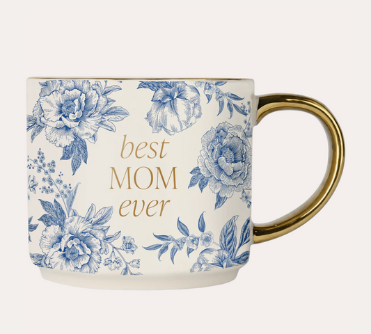Best Mom Ever Blue Floral/ Gold Handle Mug