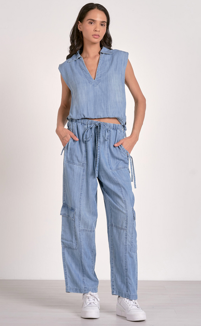 Denim Sleeveless Collared Top