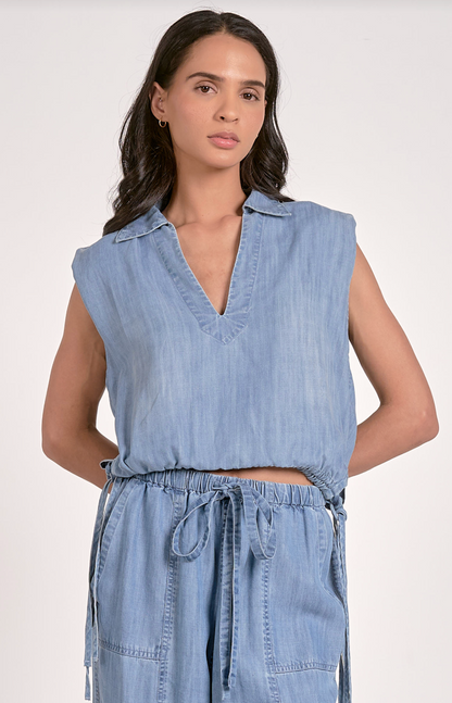 Denim Sleeveless Collared Top
