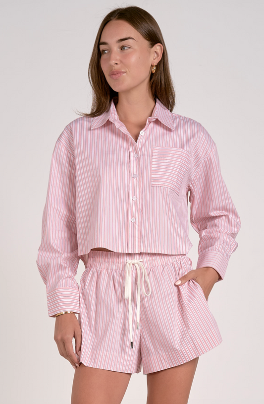Melon Stripe Collar Button Down Crop & Shorts Set