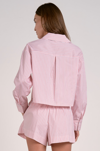 Melon Stripe Collar Button Down Crop & Shorts Set