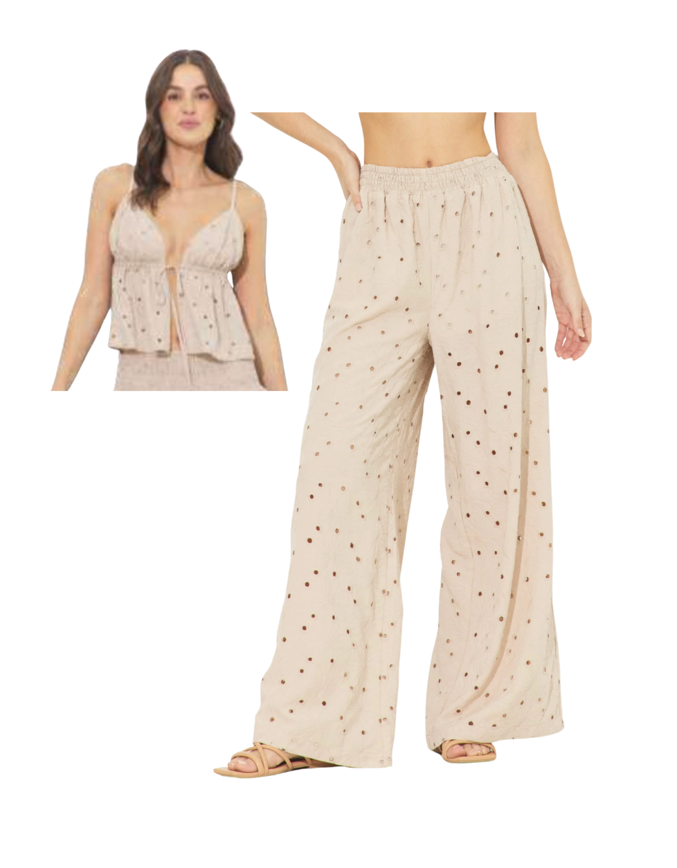 Sandy Beach Floral Eyelet Tie Front Tank & Pant Set