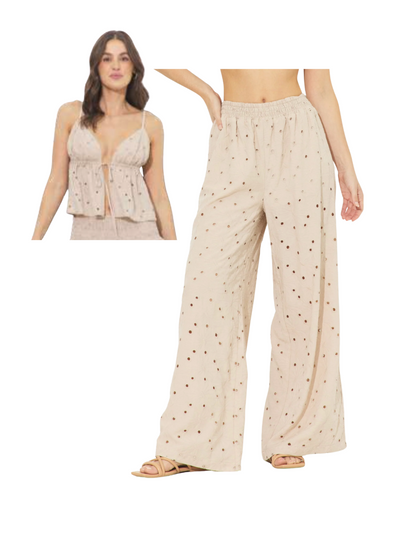 Sandy Beach Floral Eyelet Tie Front Tank & Pant Set