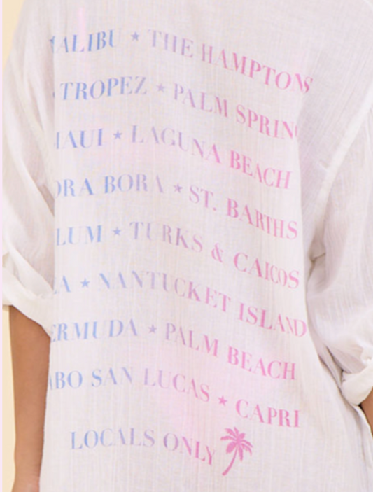 White Printed Button Down Shirt - Vacation Names