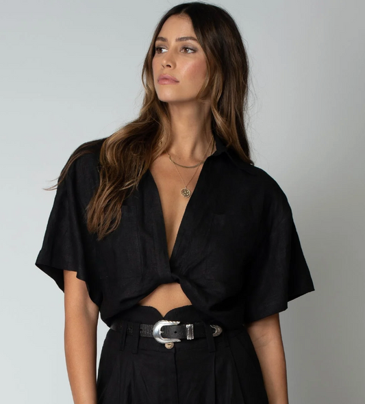 Front Knot Linen Shirt ,Black