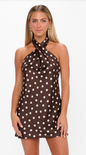 Jasmine Halter Tie Mini Dress, chocolate polka