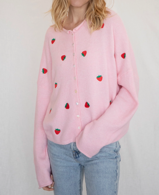 Piper Cardigan - Pink w/ Strawberries
