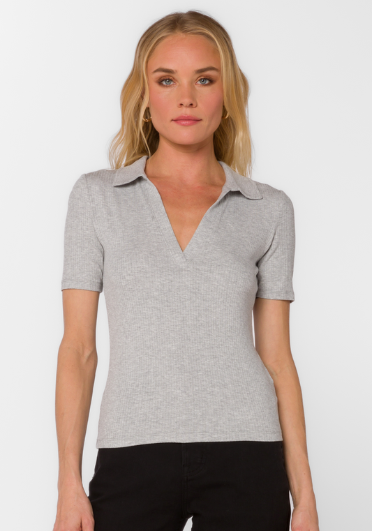 Adrianna Ribbed Polo Tee, Heather Grey
