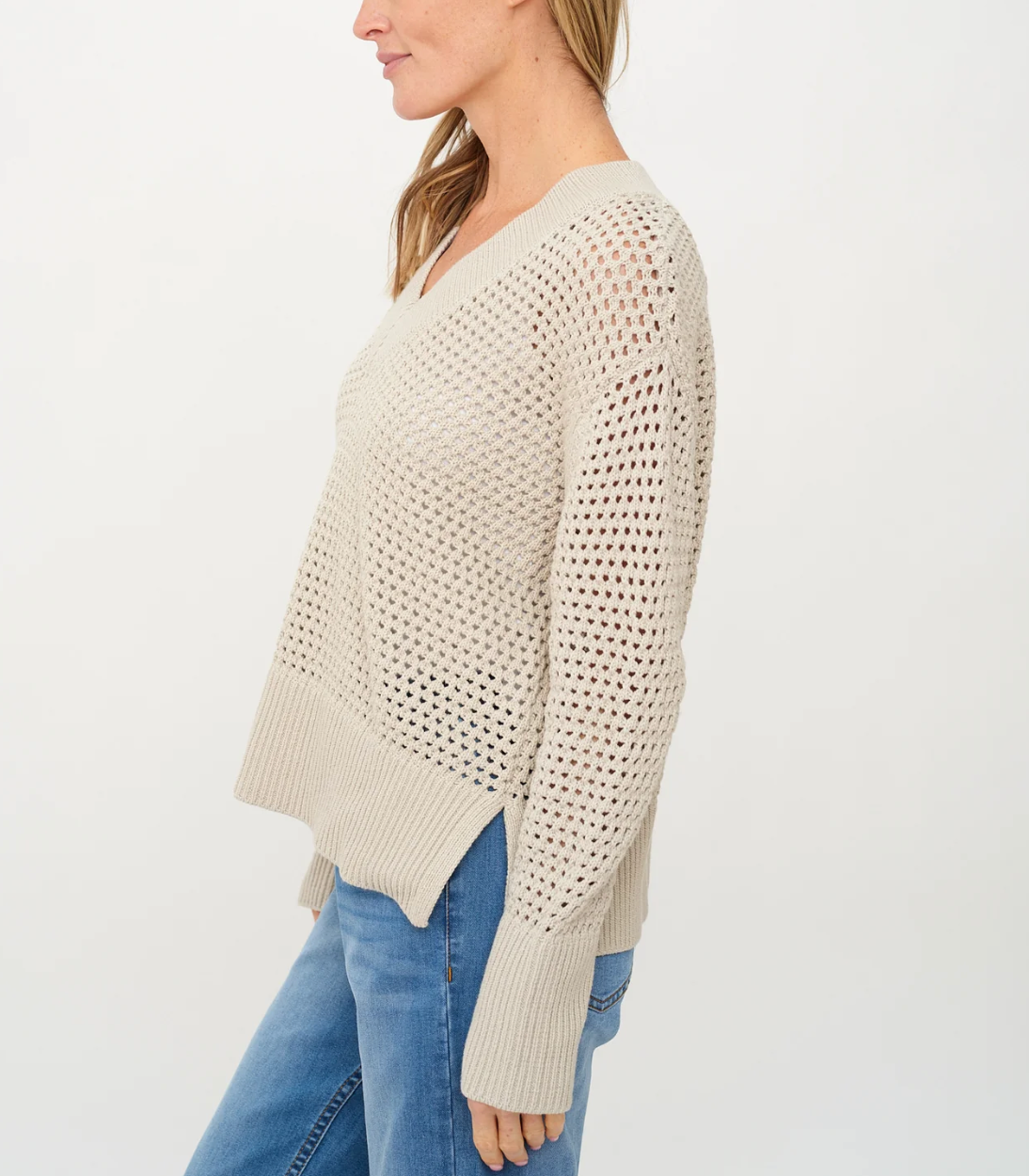 Cameron Crochet V-Neck Sweater, Bone