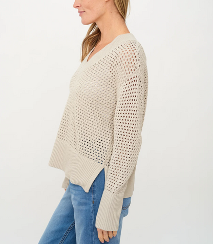 Cameron Crochet V-Neck Sweater, Bone