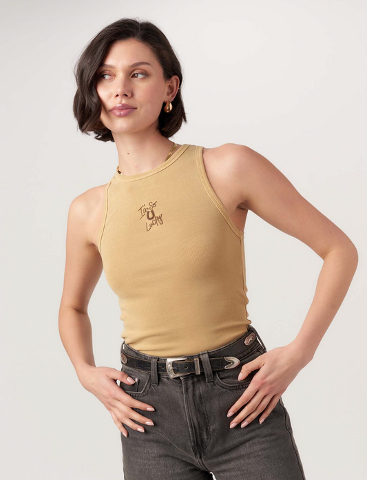I'm So Lucky Embroidered Tank, iced coffee