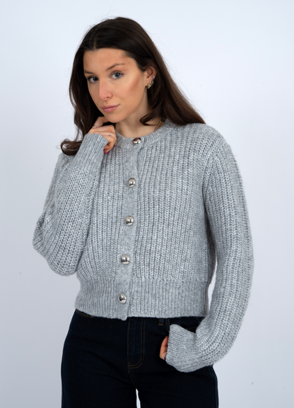 Letrice Crewneck Cardigan, Silver Grey