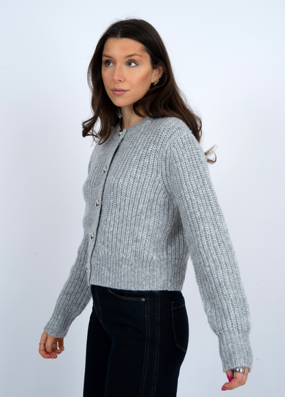 Letrice Crewneck Cardigan, Silver Grey